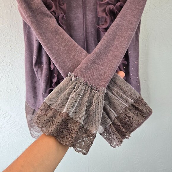 Fairycore Ruffle Cardigan M Purple Lace Bow Rhinestone Y2K Whimsigoth Sweater - Picture 5 of 13